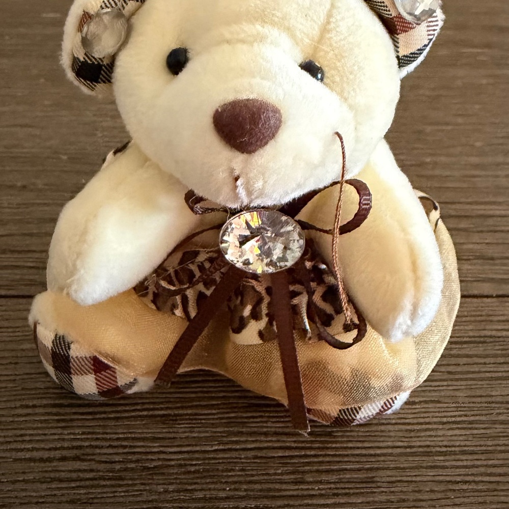 Cute Plush Teddy Bear Keychain Bag Charm Plaid Bow Crystal Accent Beige